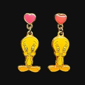 1998 Tweety Bird Gold-Tone Earrings Pink Heart Studs Yellow Foster Grant Kids